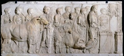 Sacrifice of a bull, a ram and a pig in honour of the God Mars, frieze from the Altar of Domitius Ahenobarbus, from the Temple of Neptune, Rome (detail) by Roman